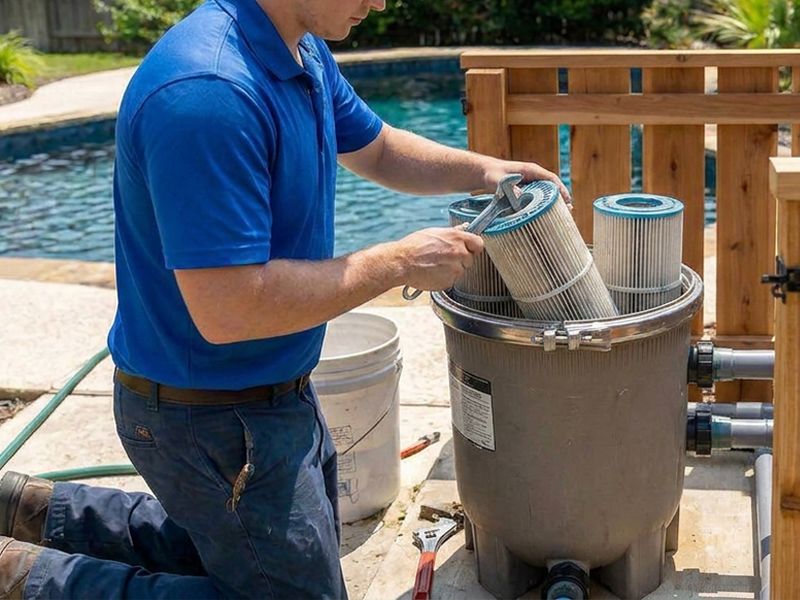 Pool equipment pad with professionally installed pool filter system in Riverside and Corona CA