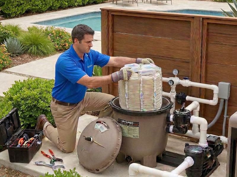 Pool technician testing water clarity after pool filter repair and DE grid replacement in Corona CA