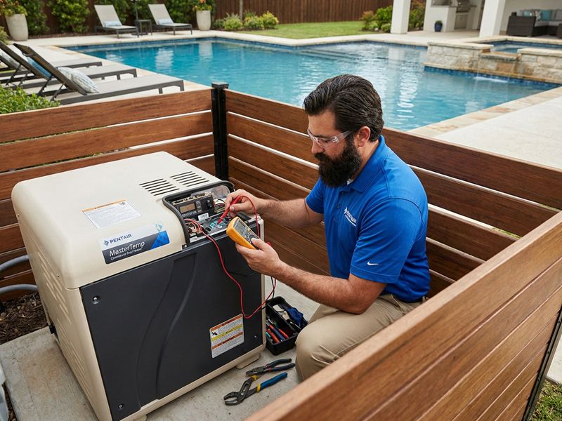 Heated swimming pool at dusk after professional pool heater repair by Affordable Pool Care in Riverside CA